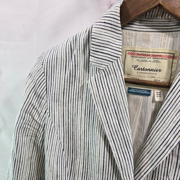 Anthropologie Blazer Womens 4 White Navy Blue Linen Pinstripe Jacket Cartonnier - Picture 2 of 14